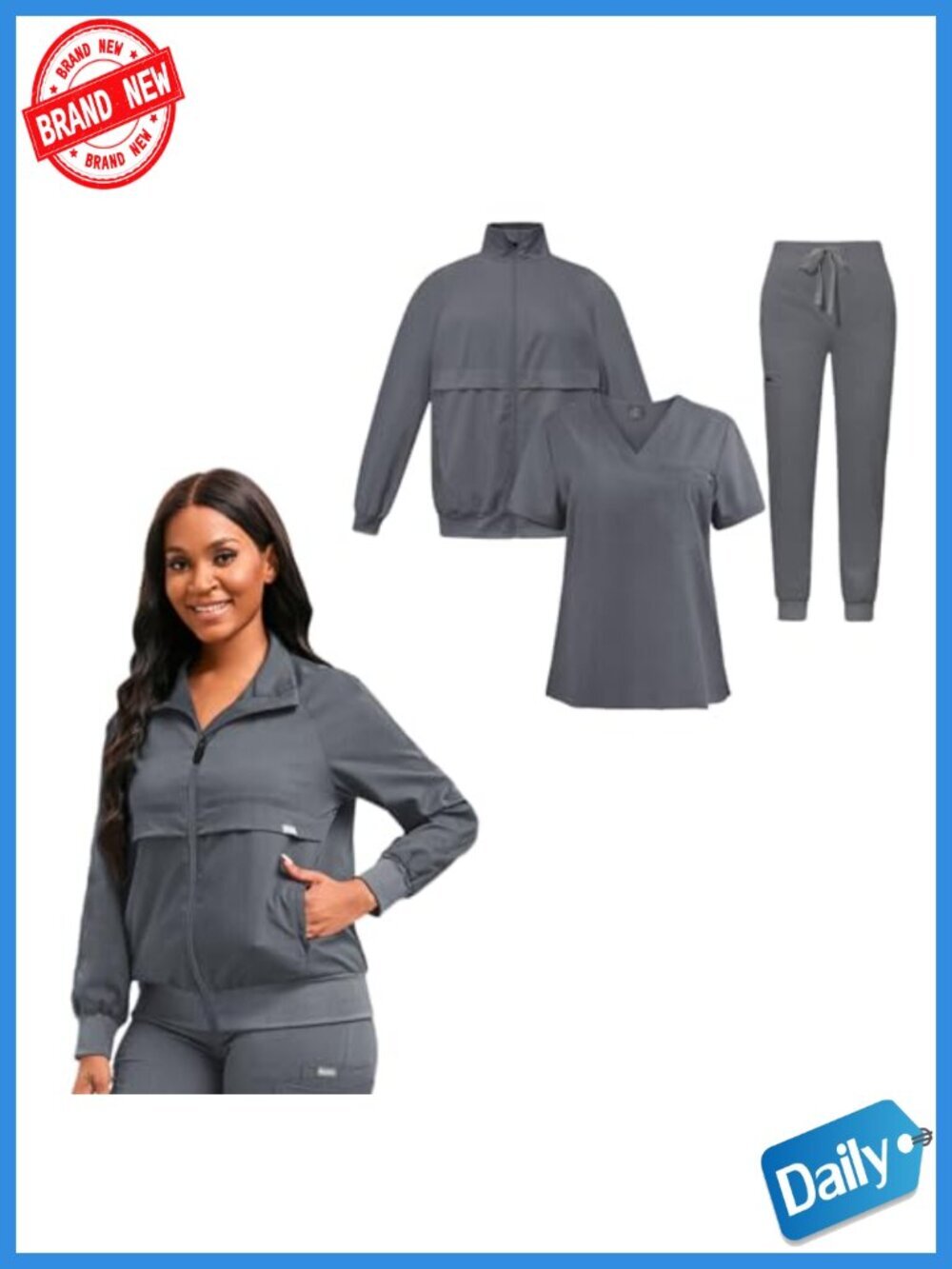 Nurse Scrub Set 3pc Stretch V-Neck Top Jogger Pant Zip Jacket